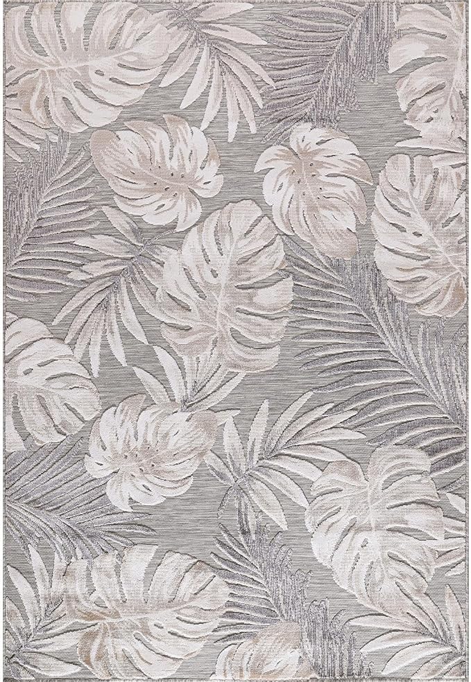 CAMILSON Indoor Outdoor Rug, Beige 7’10”x10’ Leaf Tropical Botanical Area Rugs for Indoor and Outdoor patios, Easy-Cleaning Non-Shedding Living Room, Garden and Kitchen Washable Outside Carpet (8x10)