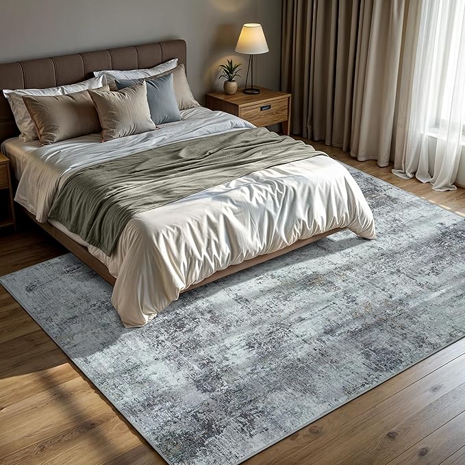 GLN Rugs Contemporary Collection - Machine Washable Area Rug, Contemporary Washable, Non Slip, Low Pile Chenille Rug, Living Room, Bedroom, Kitchen Rug (8' x 10' Grey/Green)