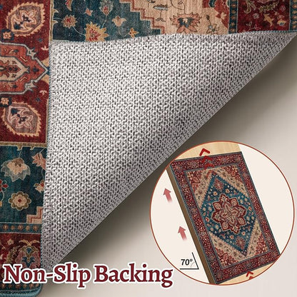 Tangsoo Vintage Small 2x3 Washable Rugs for Entryway Non-Slip Oriental Low Pile Rug for Front Door, Kitchen, Indoor, Accent Throw Small Area Rug, Door Mat for Entrance, Soft Boho Red Rug