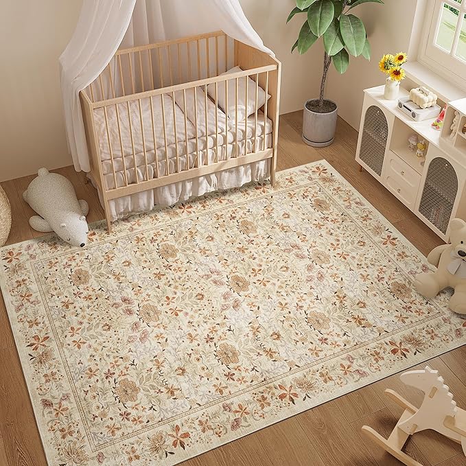 DUKINO 5x7 Area Rugs, Floral Washable Rugs for Bedroom with Non Slip Backing, Vintage Low Pile Indoor Floor Carpets for Bedroom, Living Room, Farmhouse, Home Office, Dining Room, Beige
