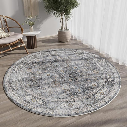 Rugcomf Round Rug 4ft Washable Circle Rug Non Slip Low Pile Boho Small Circular Rug for Bedroom, Bathroom, Entryway, Kids Room, Office, College Dorm(Grey)