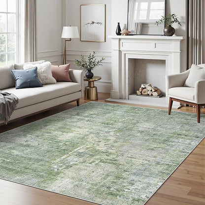 Area Rug 6x9 Abstract Rugs for Living Room 6 x 9 Washable Rugs Green Non Slip Low Pile Rugs for Bedroom Dining Room Foldable Thin