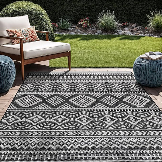 Beverly Rug Waikiki Boho Indoor Outdoor Rug 10x14, Washable Outside Carpet for Patio, Deck, Porch, Bohemian Area Rug, Farmhouse Rugs, Aztec Tribal Rug, Black and White