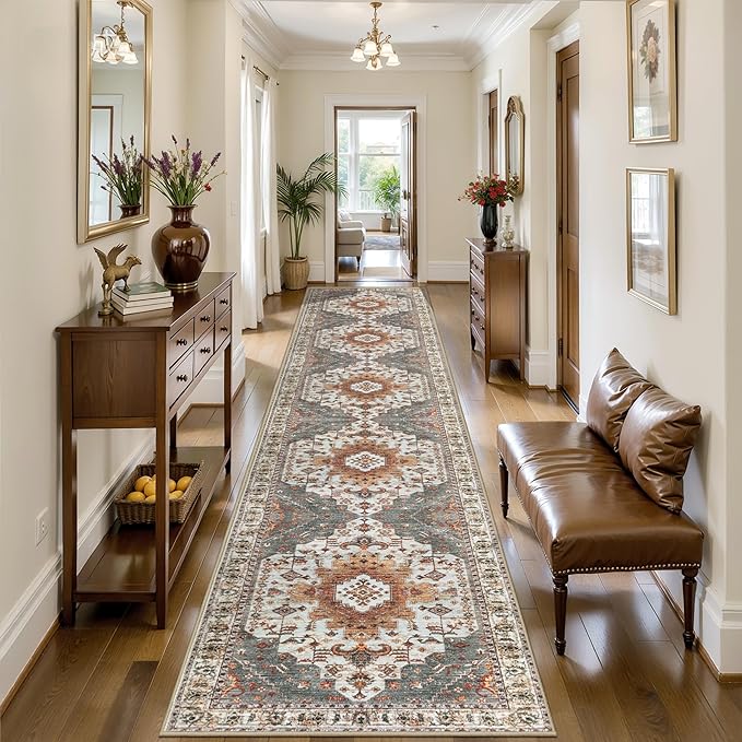 Tangsoo Oriental Hallway Runner Rugs 2.6x14 Washable Runner Rug for Hallways, Non Slip Vintage Soft Low Pile 14ft Long Rug Runner, Carpet Runners for Kitchen Bedroom Entryway Living Room Turmeric