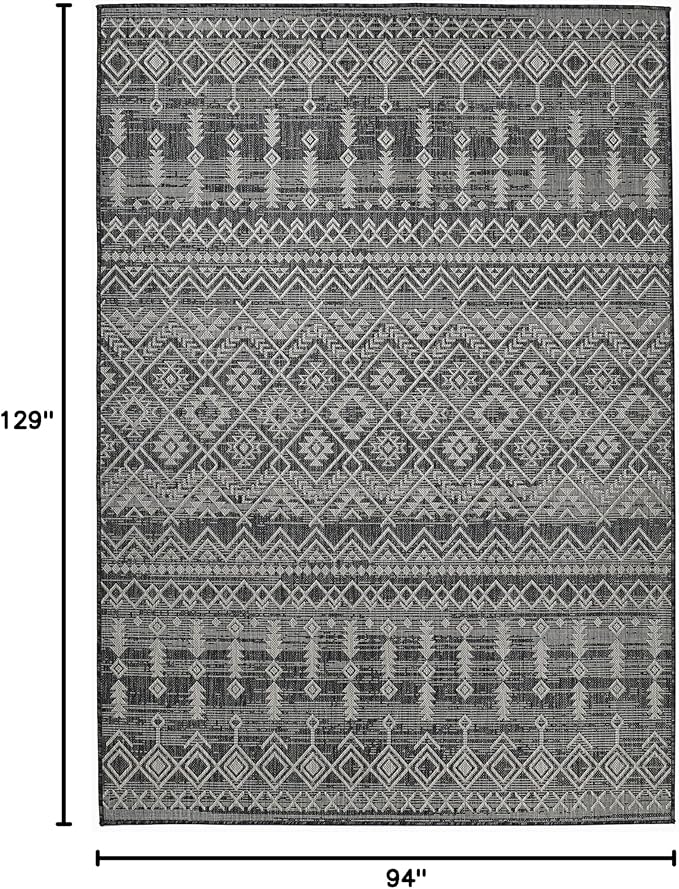 FH Home Flat Woven Outdoor Rug - Waterproof, Easy to Clean, Stain Resistant - Premium Polypropylene Yarn - Boho Moroccan - Large Patio, Deck, Sunroom - Dakar - Charcoal - 7ft 10in x 10ft 9in