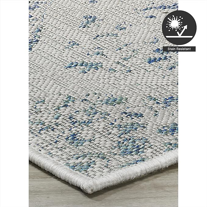 FH Home Flat Woven Outdoor Rug - Waterproof, Easy to Clean, Stain resistant - Premium Polypropylene Yarn - Distressed Farmhouse - Porch, Deck,Balcony,Laundry Room - Granada - Aqua - 2ft 7in x 4ft 11in
