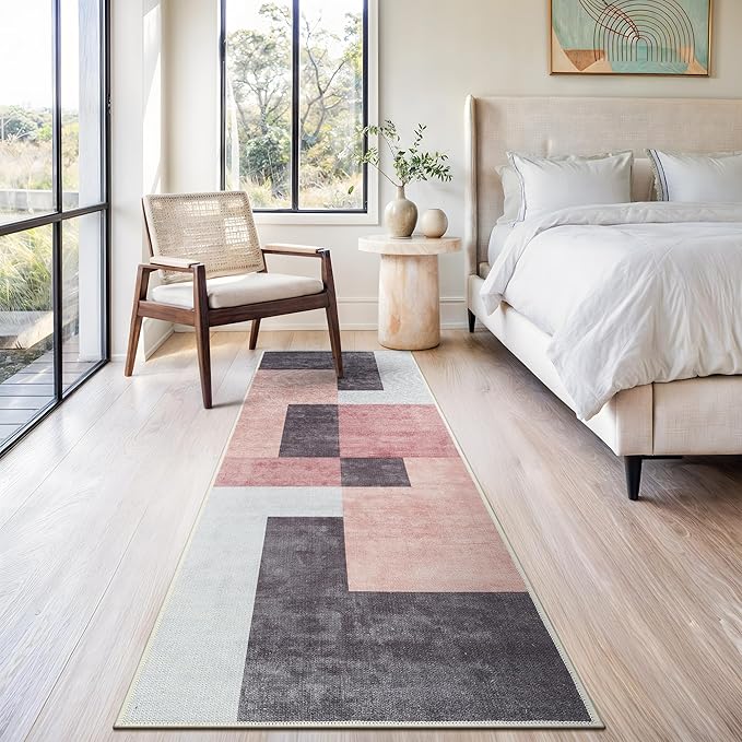 Bloom Rugs Washable Non-Slip 12 ft Runner - Pink/Dark Gray Modern Geometric Runner for Entryway, Hallway, Bathroom, and Kitchen - Exact Size: 2.5' x 12'