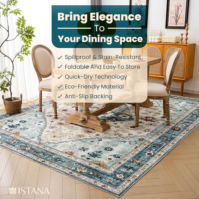 Istana Rugs 8x10 - White Cream/Blue Area Rug - Foldable Stain Resistant Bedroom 8x10 Area Rugs - Washable Rug - 8 x 10 Area Rugs for Living Room - Eco-Friendly Area Carpet