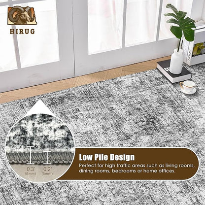 Washable Area Rug 9' x 12' Vintage Traditional Persian Mat - Foldable Distressed Non-Slip Machine Washable Carpet for Living Room Bedroom Kitchen Home Decor - Graphite and Mist