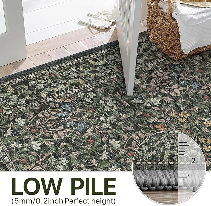 Bavni 8x10 Area Rugs for Living Room, Floral Rug Machine Washable Non Slip, Vintage Boho Forest Carpet, Soft Low Pile Thin Lightweight Rugs for Bedroom, Farmhouse, Dining Room Office, Emerald Green