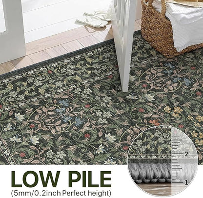 Bavni Boho Floral Kitchen Runner Rug 2x6, Washable Non Slip Thin Carpet for Hallway Bathroom Laundry Room, Ultra Soft Botanical Runner for Entryway, Modern Indoor Floor Decor, Emerald Green