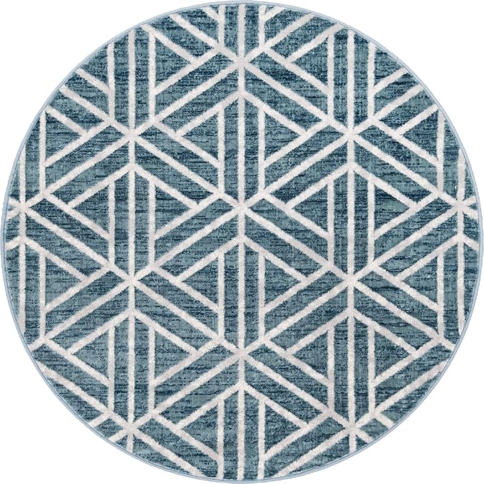 Rugs.com Lattice Trellis Collection Rug – 5 Ft Round Blue Low-Pile Rug Perfect for Kitchens, Dining Rooms