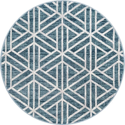 Rugs.com Lattice Trellis Collection Rug – 5 Ft Round Blue Low-Pile Rug Perfect for Kitchens, Dining Rooms