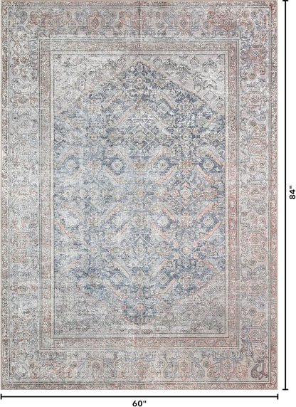 Kuden 5x7 Area Rug, Machine Washable Area Rug with Non-Slip Backing, Vintage Style, Soft, Easy Clean, Low Pile Rug for Living Room, Bedroom, Dining Room