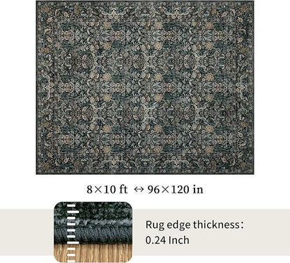 Washable Living Room Rug: 8x10 Boho Floral Soft Area Rug for Bedroom Decor - Vintage Low Pile Thin Carpet for Dining Room Non-Slip - Farmhouse Stain Resistant Rugs - Dark Green