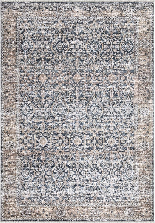 Bloom Rugs Caria Washable Non-Slip 6x9 Rug - Dark Blue/Tan Traditional Area Rug for Living Room, Bedroom, Dining Room, and Kitchen - Exact Size: 6' x 9'