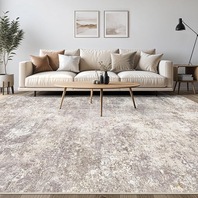 Area Rug Living Room Rugs - 7x10 Washable Large Soft Indoor Neutral Modern Abstract Low Pile Rug Carpet for Bedroom Dining Room Farmhouse Home Office - Brown