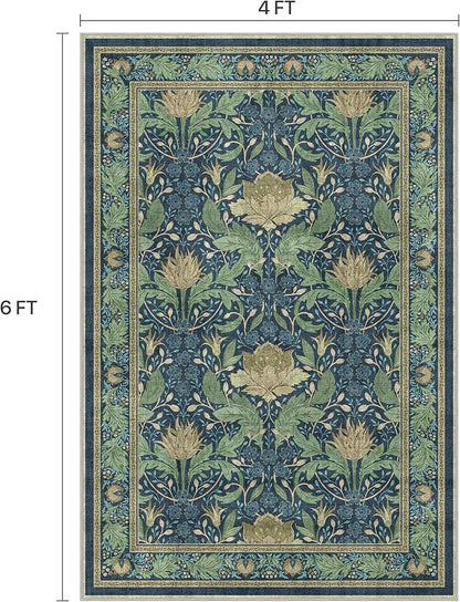 Bavni 4x6 Area Rugs, Floral Machine Washable Rugs for Living Room, Dinning Room, Bedroom, Non Slip Aesthetic Vintage Low Pile Durable Lightweight Farmhouse Rug, Tea Green/Blue