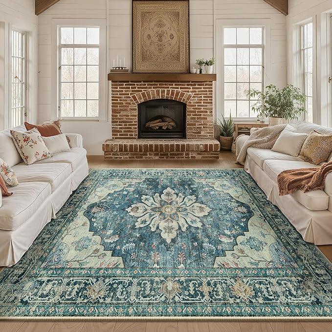 Area Rugs Square 8ft Washable Non-Slip, Floral Vintage Distress Print Pattern Medallion Carpet for Living Room Bedroom Dining Room, Dark Blue Vintage