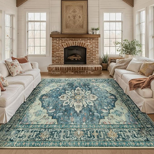 Area Rugs Square 8ft Washable Non-Slip, Floral Vintage Distress Print Pattern Medallion Carpet for Living Room Bedroom Dining Room, Dark Blue Vintage