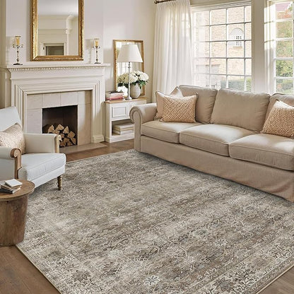 9x12 Washable Area Rug Grey Brown Vintage Rug for Living Room Bedroom Low Pile Soft Non-Slip Boho Rug for Under Table Boho Distressed Retro Carpet for Bedroom Kitchen Office Dining