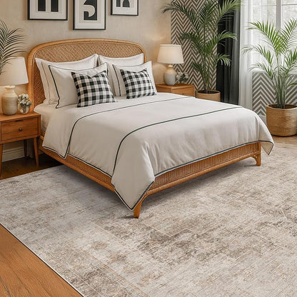 Neutral Farmhouse Area Rug for Bedroom - 6x9 Washable Rug for Dining Room Table, Ultra-Thin Soft Textured Boho Indoor Decor, Fade & Stain Resistant