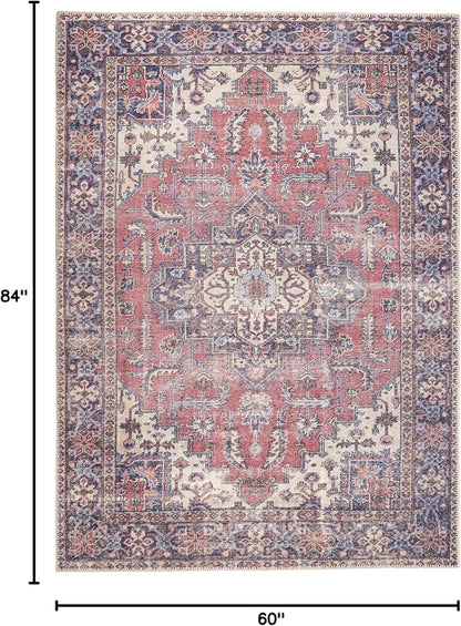 GLN Rugs Traditional Collection - Machine Washable Area Rug, Traditional Washable, Non Slip, Low Pile Chenille Rug, Living Room, Bedroom, Kitchen Rug (5' x 7' Multi Blue)