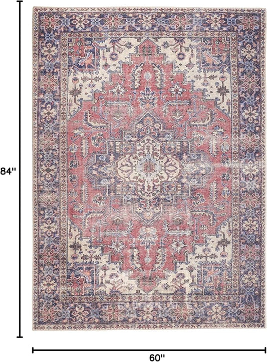 GLN Rugs Traditional Collection - Machine Washable Area Rug, Traditional Washable, Non Slip, Low Pile Chenille Rug, Living Room, Bedroom, Kitchen Rug (5' x 7' Multi Blue)