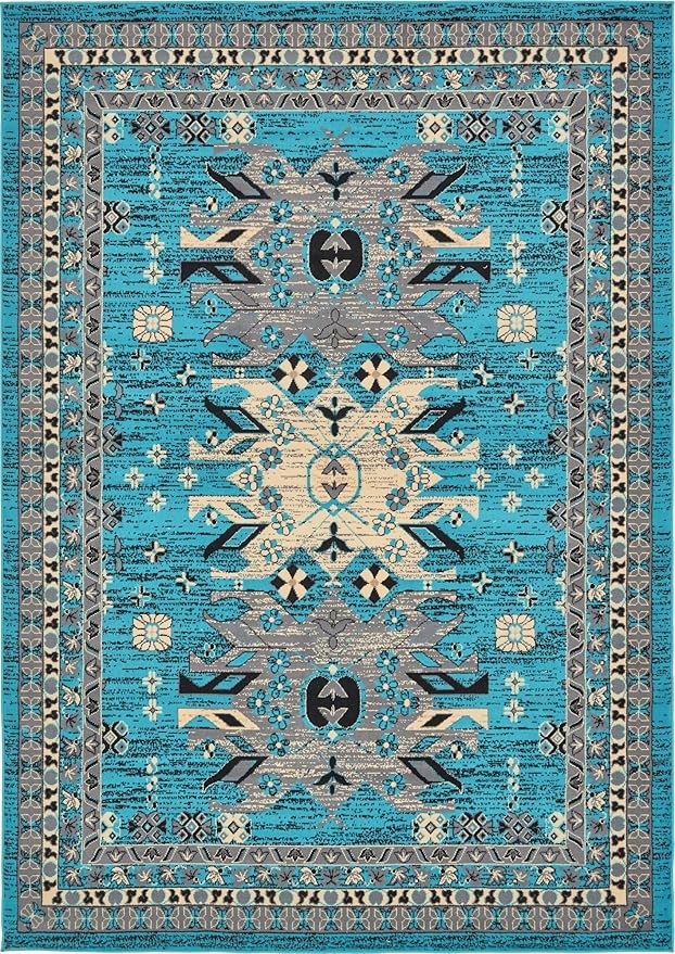 Unique Loom Taftan Collection Border Geometric Tribal Inspired Design Area Rug (7' 0 x 10' 0 Rectangular, Turquoise/ Gray)