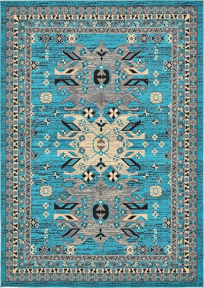 Unique Loom Taftan Collection Border Geometric Tribal Inspired Design Area Rug (7' 0 x 10' 0 Rectangular, Turquoise/ Gray)