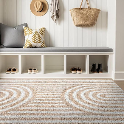 Rugshop Abstract Arch Shag Area Rug Beige 4' x 6' Ideal for Small Living Rooms, Offices, or Beside The Bed
