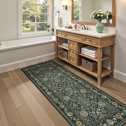 3x7 Runner Rugs for Hallway Non-Slip Hallway Runner Rug with Rubber Backing Washable Rug Runner for Kitchen Bedroom Vintage Distressed Carpet(Vintage Dark Green