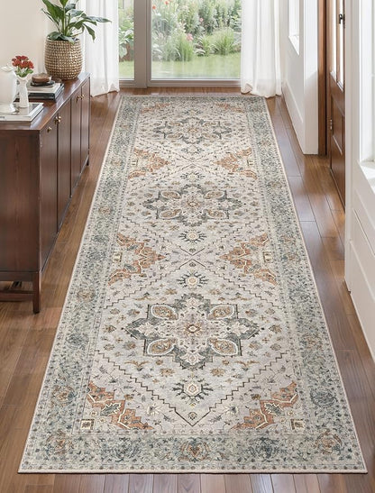 Tangsoo Hallway Runner Rugs 2.6x14 Washable Runner Rug for Hallways, Non Slip Vintage Soft Low Pile 14ft Long Rug Runner, Print Carpet Runners for Kitchen Bedroom Entryway Living Room Grey/Cream