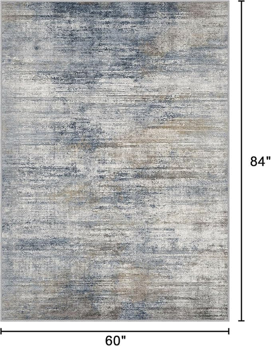 Bavni 5x7 Rug, Machine Washable Rug Non-Slip, Soft Modern Lightweight Area Rug, Stain Resistant Rugs for Living Room, Bedroom, Dining Room, Blue/Light Grey