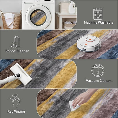 Ciicool 2'6"x10' Washable Runner Rug, Modern Abstract Hallway Rugs Runner, Non-Slip Thin Accent Rug Lightweight Yellow Grey Distressed Carpet Runners for Laundry Entryway Bedroom Kitchen Indoor