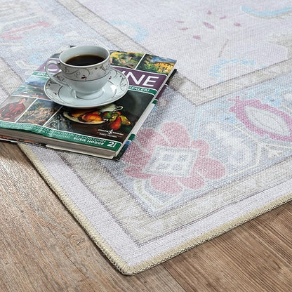 Fame Living Pink Oushak Rug, Modern, Vintage, Turkish, Eclectic, Floral, Pastel, Washable, Large Area Rugs for Living Room, Dining, Bedroom, Girls, Boys, 7'5"x9'8"