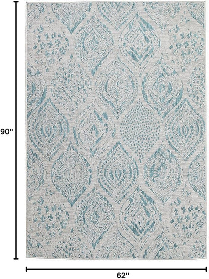 FH Home Flat Woven Outdoor Rug - Waterproof, Easy to Clean, Stain Resistant - Premium Polypropylene Yarn - Distressed Farmhouse - Patio, Porch, Deck, Balcony - Granada - Aqua - 5ft 2in x 7ft 6in