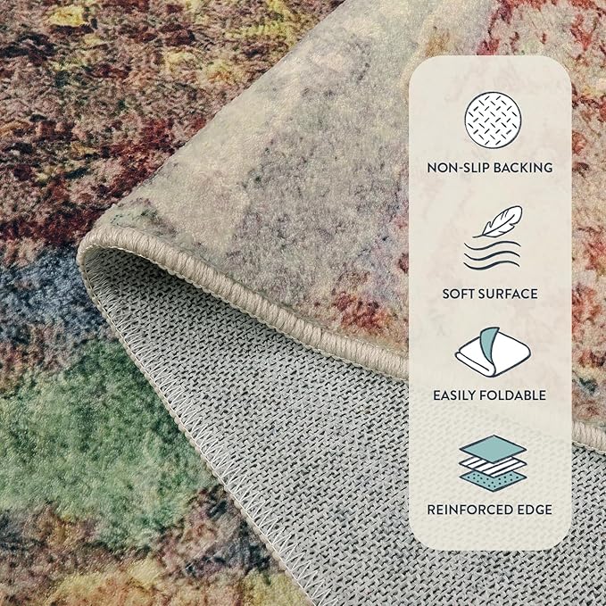 Lahome Modern Abstract Round Rug 4Ft - Washable 4x4 Circle Rugs for Living Room Bedroom Bathroom Non Slip, Soft Indoor Floor Carpet for Kitchen Entryway Family Room, Red/Multi