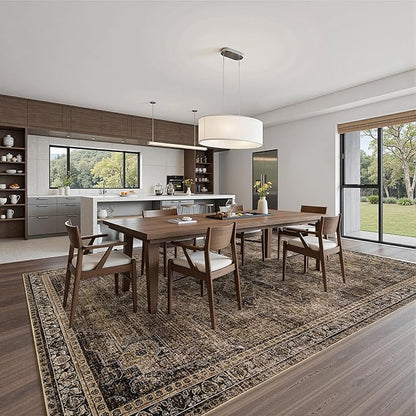 9x12 Area Rug Living Room Rugs, Stain Resistant Washable Rug, Vintage Large Non-Slip Backing, Low Pile Lightweight Print Rug for Bedroom Dinning Room Home Office (Brown1)