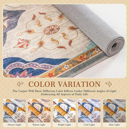 EnHomee Washable Area Rugs 4x6, Soft Area Rug for Living Room Bedroom, Boho Non Slip Low Pile Stain Resistant Washable Rug Large Carpet for Dining Room,Easy to Clean Living Room Rug, Colorful