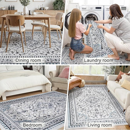 Luxury 5' x 7' Blue Washable Area Rugs, Boho Low Pile Easy Clean Non-Slip Rug, Floral Medallion Pattern Vintage Rugs for Living Room, Dinning Room, Office, Bedroom, Bathroom, Laundry Room, Farmhouse