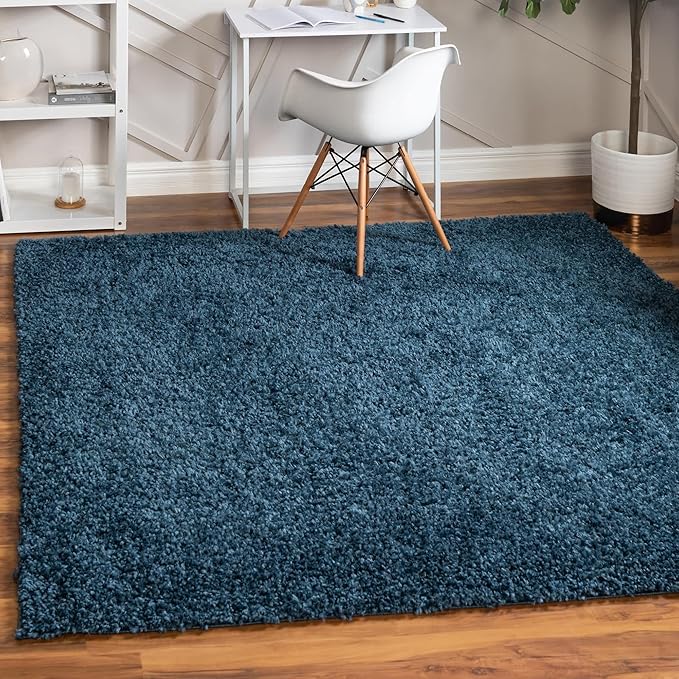 Unique Loom Davos Shag Collection Area Rug - Solid (3' 3" Square, Marine Blue)