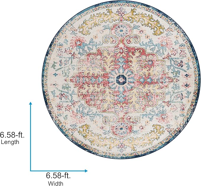 Livabliss Area Rugs - 7ft Round Odelia Vintage Boho Aqua Burgandy Blue Round Area Rug for Living Room Bedroom - Floral Medallion Stain Resistant Carpet for Kitchen, Nursery, Office (6'7" Round)