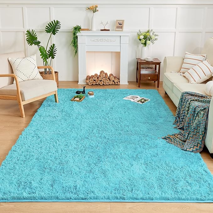 Andency Blue Area Rugs 9x12 for Living Room Home Decor, Large Shaggy Bedroom Carpet, Non-Slip Big Shag Indoor Thick Soft Fluffy Furry Fur Area Rugs for Kids Dorm Nursery Aesthetic