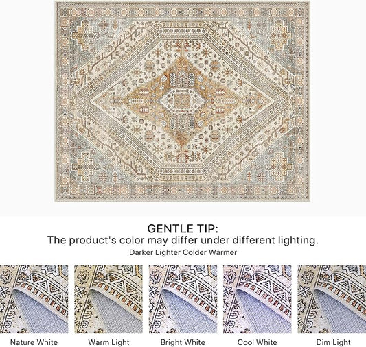 Bavni Washable Rug 8x10 Area Rug for Living Room Bedroom Dining, Washable Vintage Print Carpet, Ultra-Thin Chenille Low Pile Lightweight Rug with Non Slip Backing, Tan/Grey