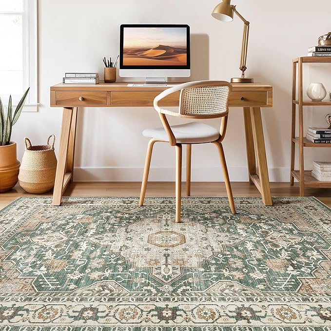 Green Rug Living Room Rugs: 10x12 Washable Boho Large Vintage Soft Stain Resistant Farmhouse Oriental Non Slip Indoor Floor Carpet for Bedroom Nursery Kids Playroom Office Dining Room Home Decor