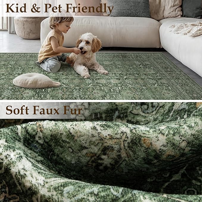 Green Area Rug 3x5 Washable Office Entryway Carpet Soft Vintage Indoor Kitchen Living Room Door Mat Traditional Retro Distressed Thicker Throw Small Rug Bedroom Dining Room Bathroom