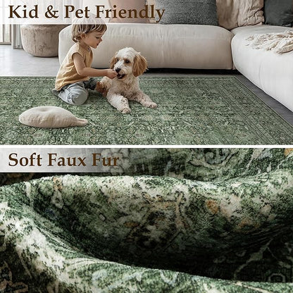 Area Rug 5x7 Green Washable Living Room Carpet Soft Non Slip Vintage Bedroom Indoor Office Traditional Retro Distressed Thicker Throw Large Rug for Dining Room Bathroom Kitchen