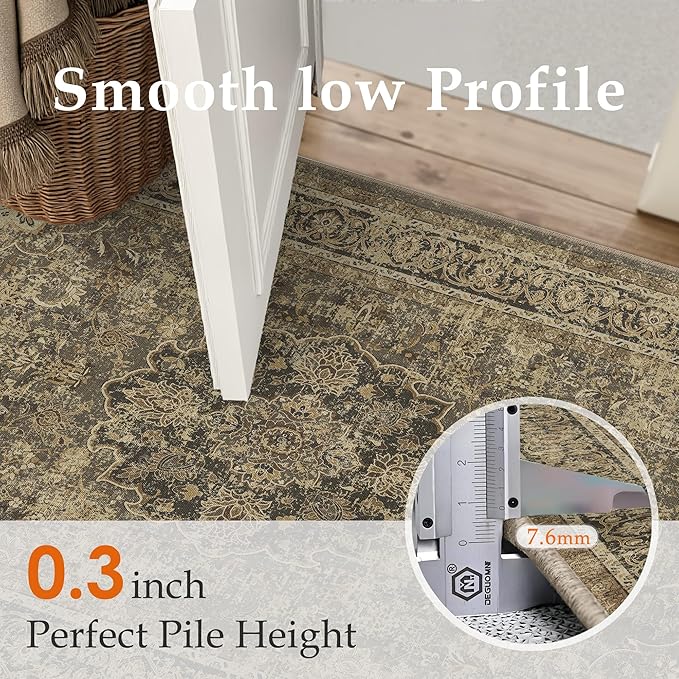 5x7 Brown Washable Vintage Runner Rug for Living Room Bedroom Soft Tranditional Non Slip Large Throw Rug Lightweight Floral Low Pile Distressed Carpet Laundry Dining Room Kitchen Office