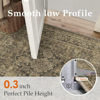 5x7 Brown Washable Vintage Runner Rug for Living Room Bedroom Soft Tranditional Non Slip Large Throw Rug Lightweight Floral Low Pile Distressed Carpet Laundry Dining Room Kitchen Office